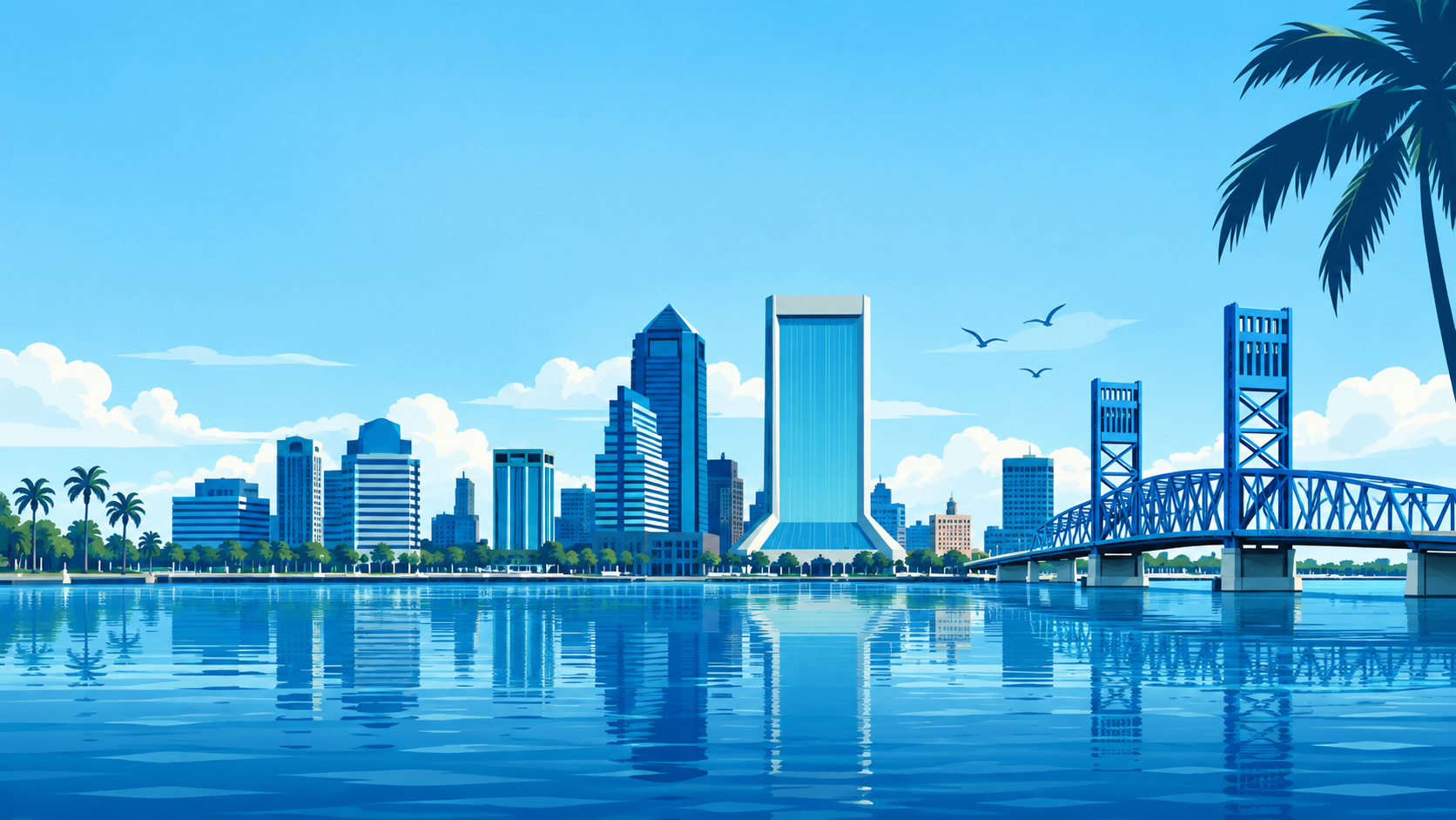 Stylized Jacksonville skyline with waterfront, bridge, and palm trees